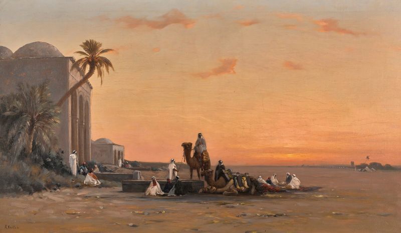 Halt by the well, óleo de Auguste Veillon, con una figura junto a un pozo brillante.