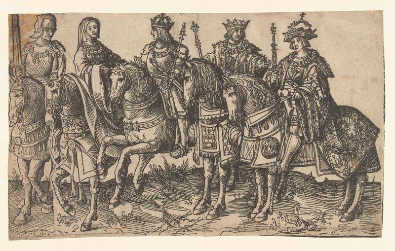 Retrato de Karel de Stoute, Maria van Bourgondië, Maximiliaan I e Karel V, papel de Jacob Cornelisz van Oostsanen