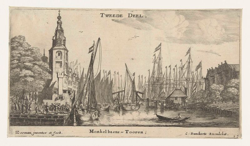 Grabado de Montelbaanstoren de Reinier Nooms que representa una torre bajo un cielo tormentoso