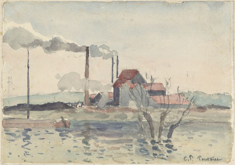 Factory on the Oise at Pontoise de Camille Pissarro, pintura a óleo que retrata uma fábrica à beira de um rio.