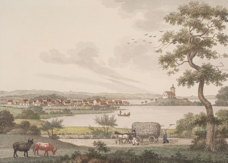 Paisaje de Søren L. Lange, que representa árboles y colinas distantes, pintura al óleo