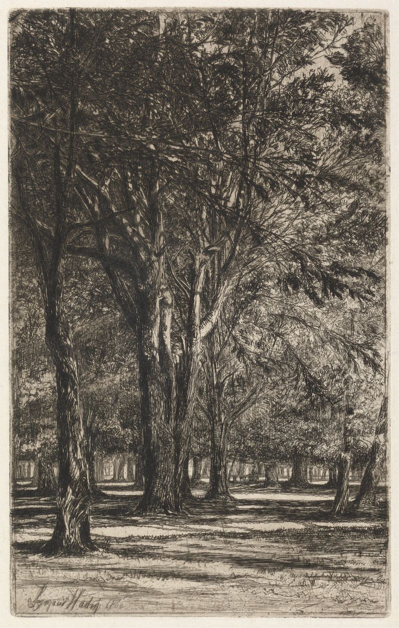 Grabado de Francis Seymour Haden que representa un paisaje con figuras en un jardín.