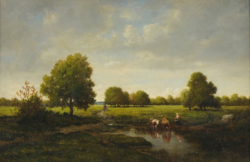 L’Abreuvoir de Théodore Rousseau, óleo sobre lienzo que representa un lugar de agua tranquilo en un bosque.