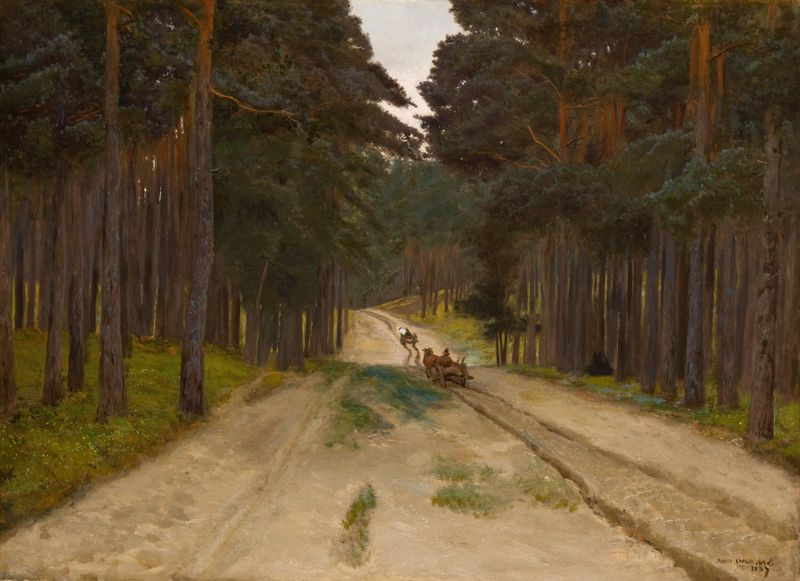 Forest Truck de Jozef Chelmonski, pintura al óleo que muestra un camión en un frondoso bosque.