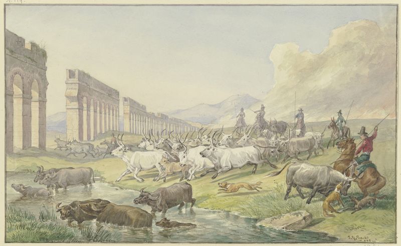 Römische Bauern treiben eine Herde Ochsen und Büffel durchs Wasser, grabado de Johann Erdmann Gottlieb Prestel