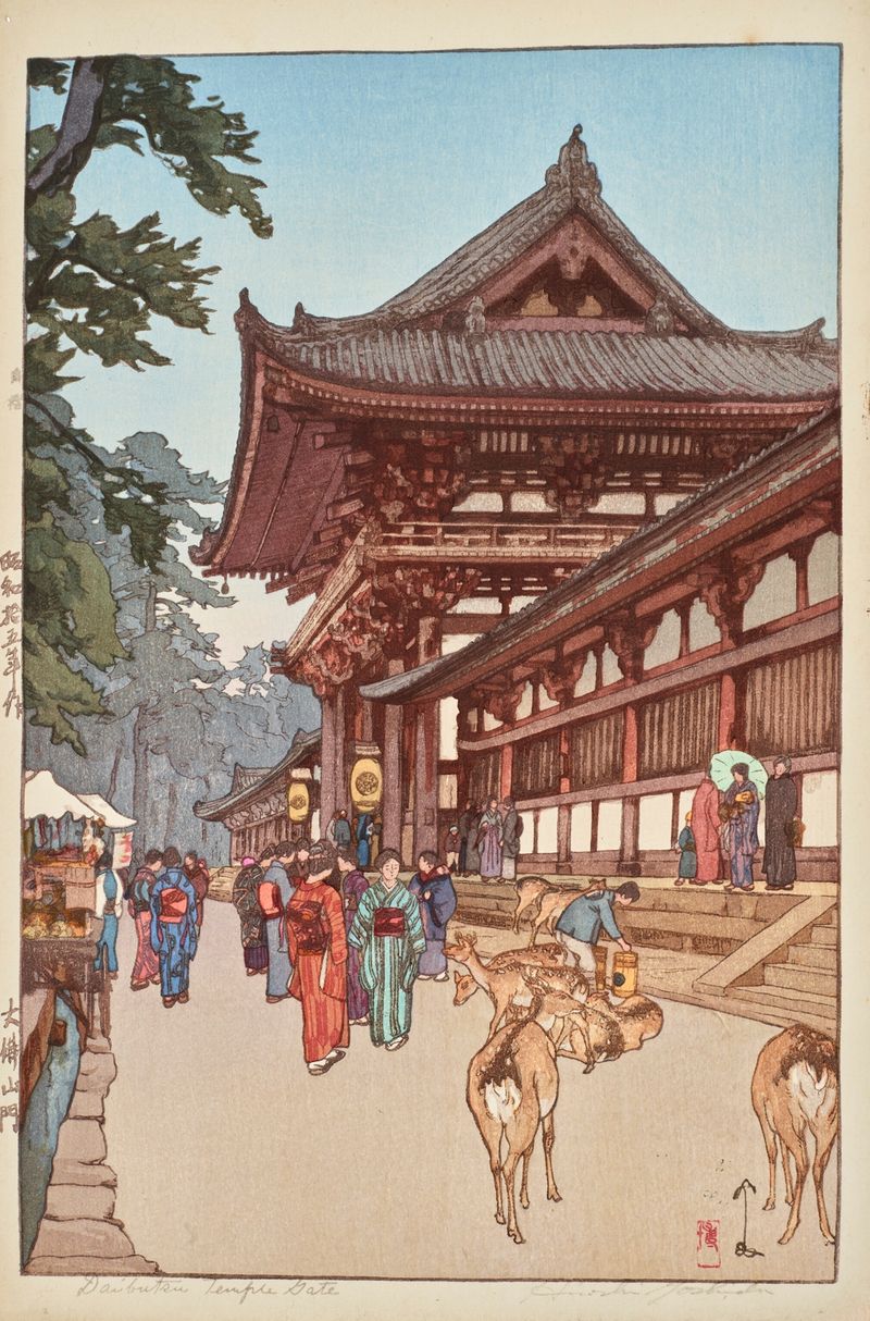 Daibutsu sanmon de Yoshida Hiroshi, que representa una gran estatua de Buda en un paisaje tranquilo, xilografía