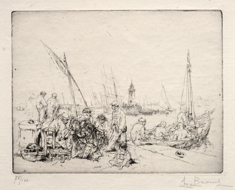 The Net Menders by Auguste Brouet, depicting figures mending nets in earthy tones, modernism