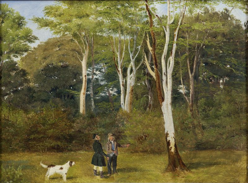 Selecting Trees for Felling, oil on canvas by Jørgen Roed, depicting figures in a forest with dappled light.