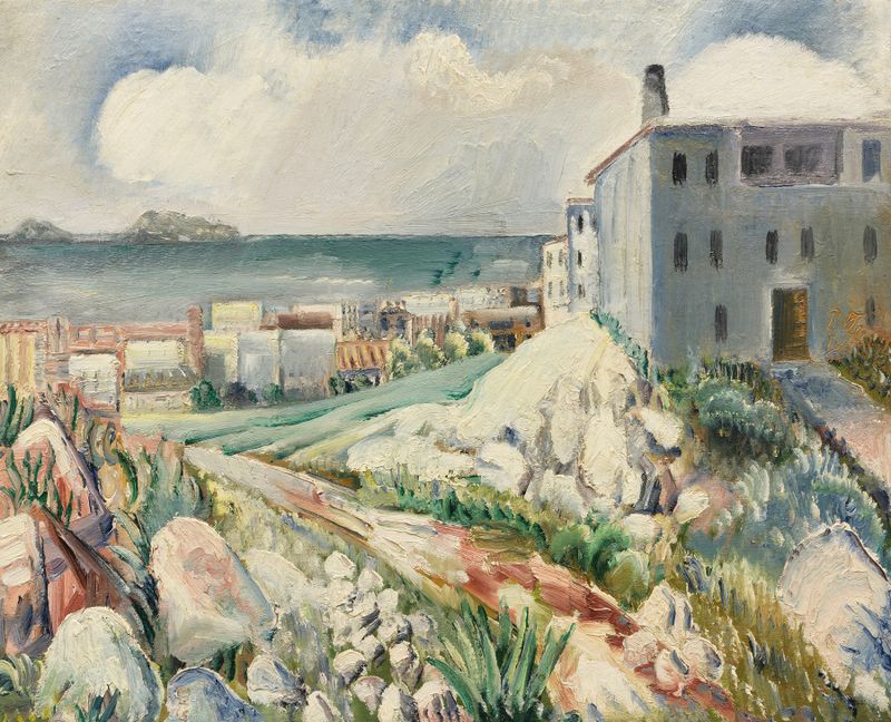 Landschaft bei Marseille de Paul Kleinschmidt, óleo sobre tela que retrata uma paisagem tranquila.