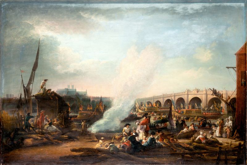 Rococo painting of Westminster Bridge and King Christian VII's procession by Elias Martin