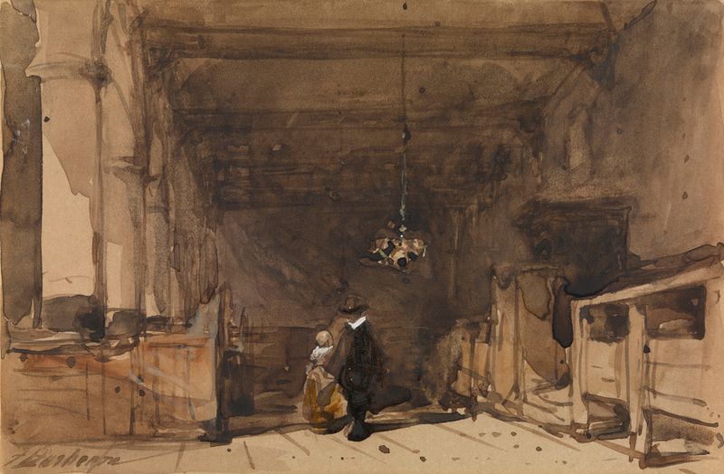 The Bakenesserkerk em Haarlem de Johannes Bosboom, pintura a óleo que retrata a arquitetura da igreja contra um céu em des...