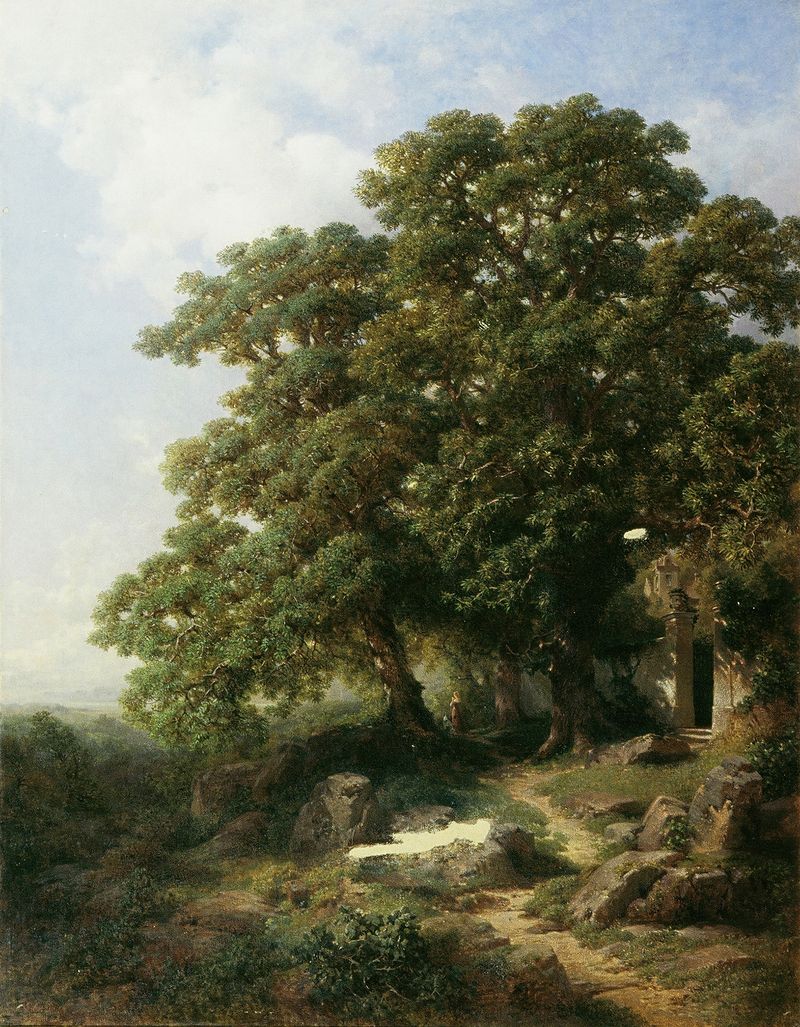 Kastanien in Südtirol by Gottfried Seelos, oil painting depicting chestnut leaves and greenery.