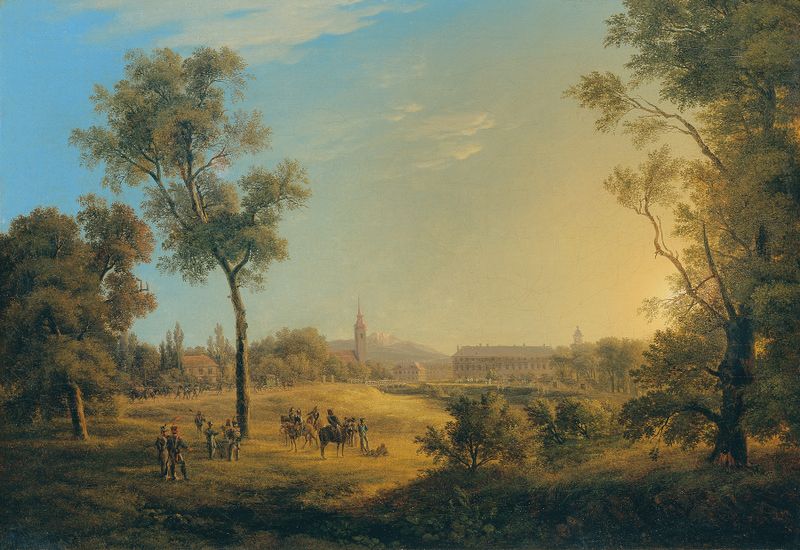 Landscape oil painting by Joseph Rebell featuring hills and a blue sky.