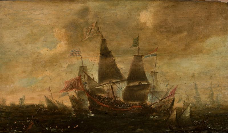 Sea battle oil painting by Aert Anthonisz depicting ships clashing on turbulent waters.