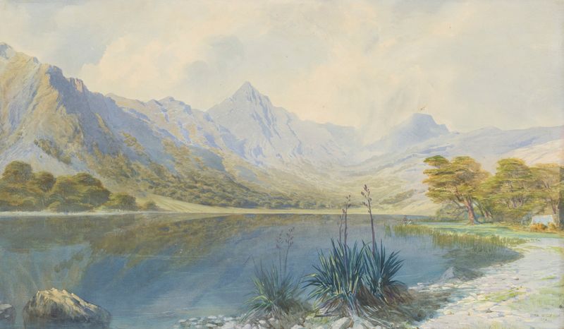 Lake scene (Lake Te Wharau) by John Gully, oil painting depicting a serene lake and distant hills.