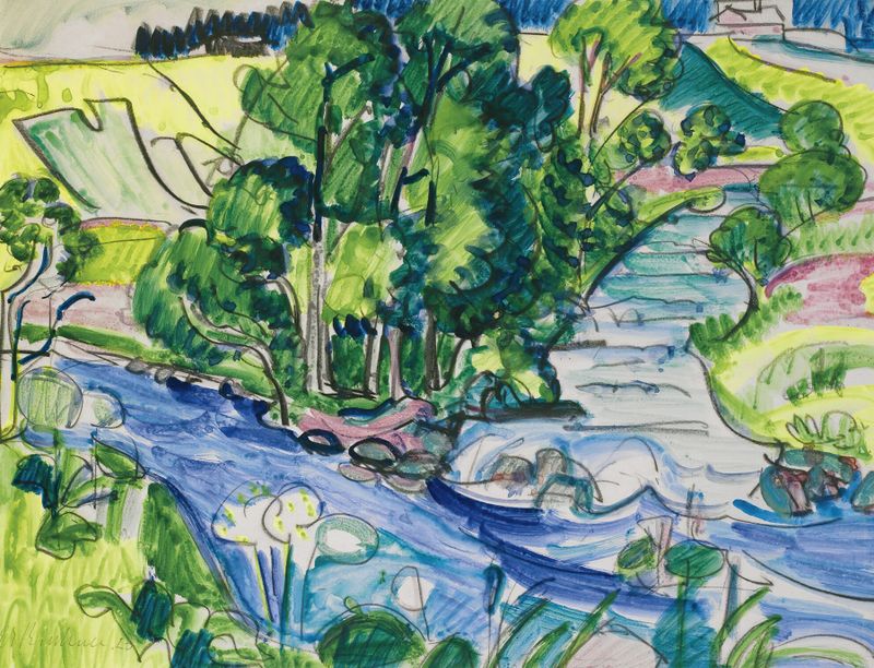 Wildboden Mit Kirchners Haus, oil on canvas by Ernst Ludwig Kirchner, depicting a tranquil forest with a house.