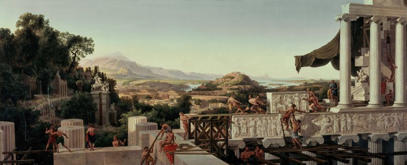 Paisaje con columnas y campo, pintura al óleo de August Ahlborn