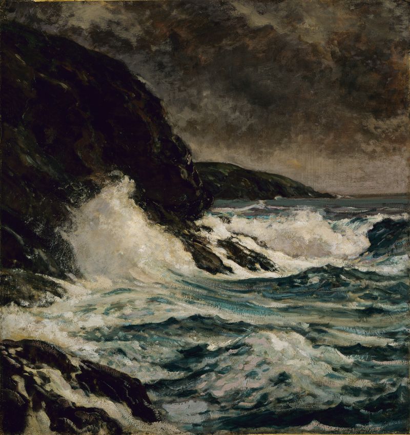 Maine Coast oil painting by Paul Dougherty depicting rocky shoreline and ocean waves.