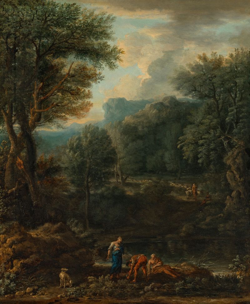 Romanticism landscape by John Wootton featuring rolling hills and tranquil water, unknown medium