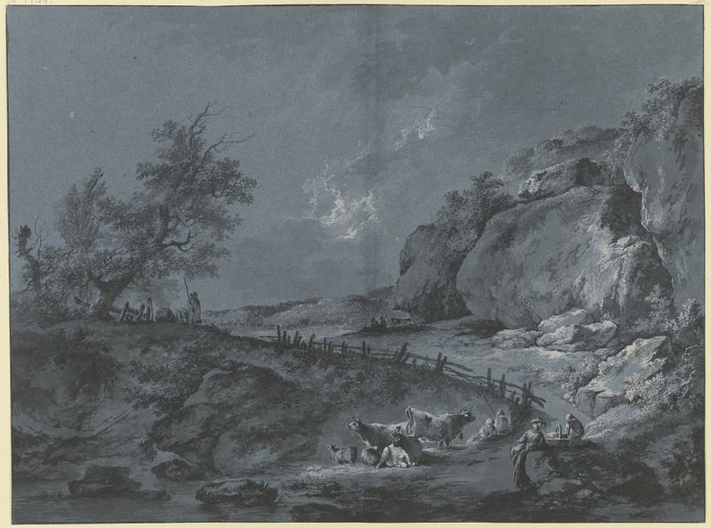Landscape with shepherds, cattle, and sheep, oil painting by Johann Heinrich Wüest