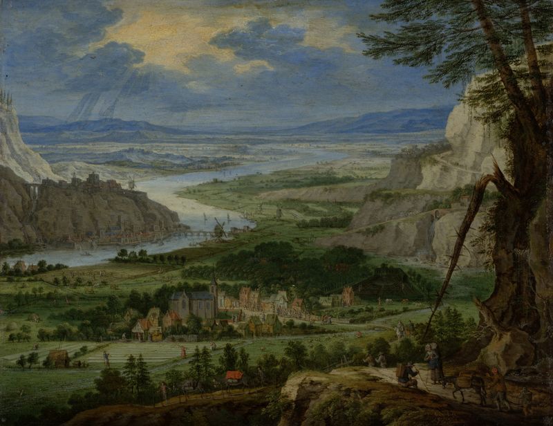Paisaje fluvial con viajeros, pintura al óleo de Peeter Gijsels