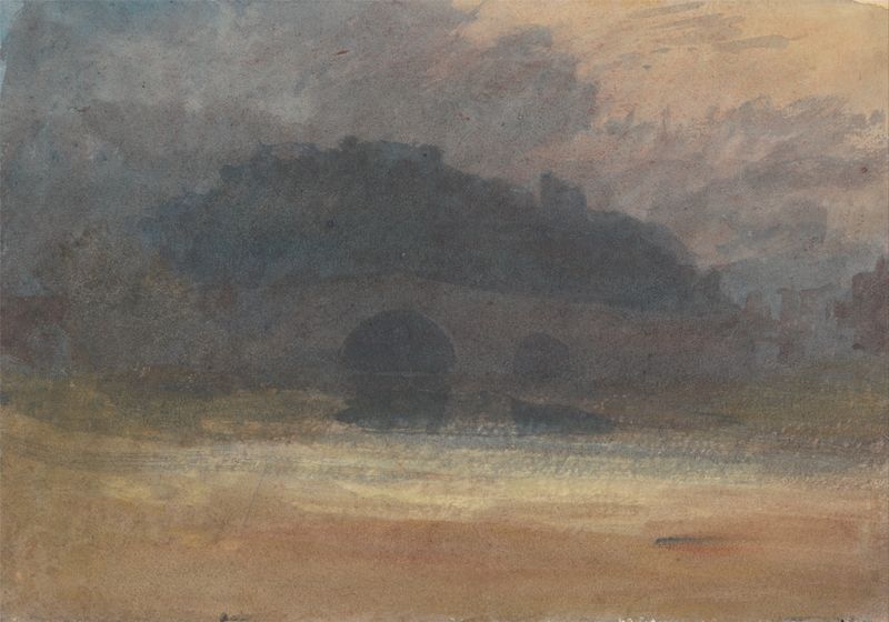 Evening Landscape with Castle and Bridge in Yorkshire, óleo de Joseph Mallord William Turner