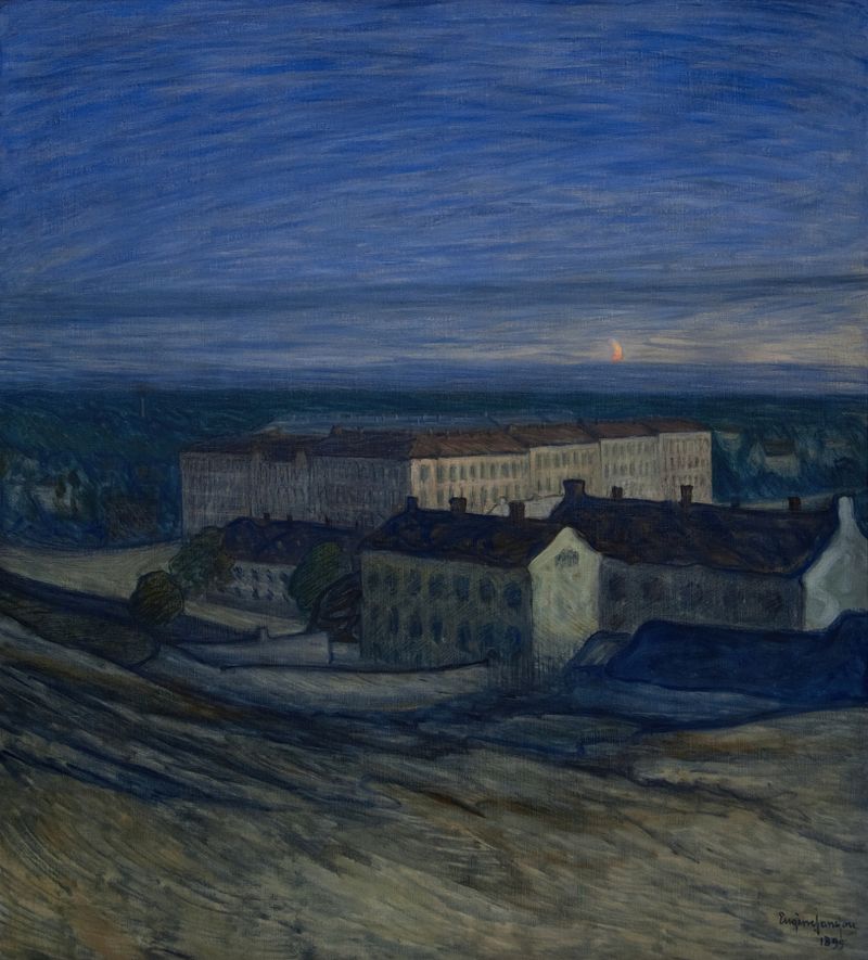 Landscape oil painting by Eugène Jansson depicting twilight with gentle hues.