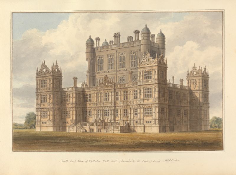 South East View of Wollaton Hall de John Buckler, arquitectura en pintura al óleo.
