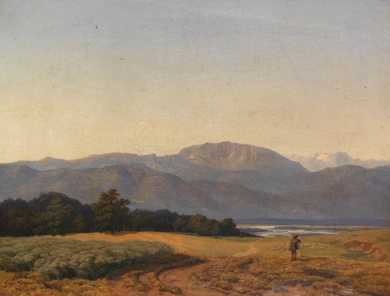 Voralpenlandschaft mit Hirte und Schafsherde, óleo sobre lienzo de Johann Georg Haeselich, que muestra un pastor con ovejas.