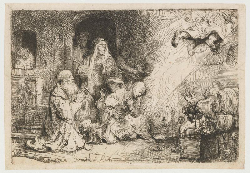 O anjo partindo da família de Tobias, gravura de Rembrandt van Rijn