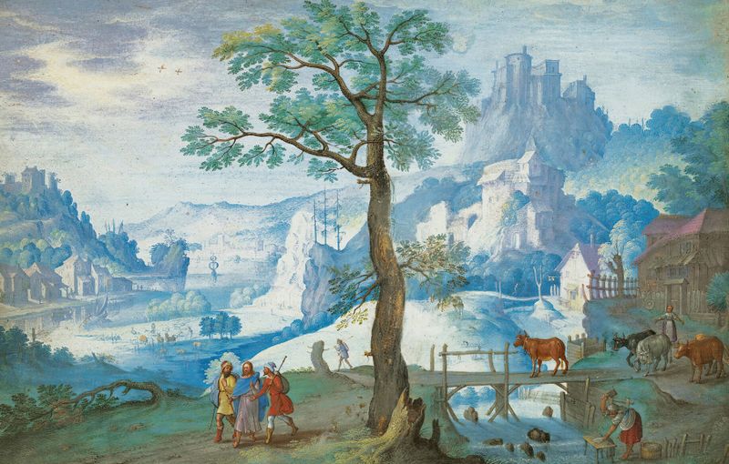 Landscape with Christ On The Road To Emmaus, oil on panel by Hans Bol