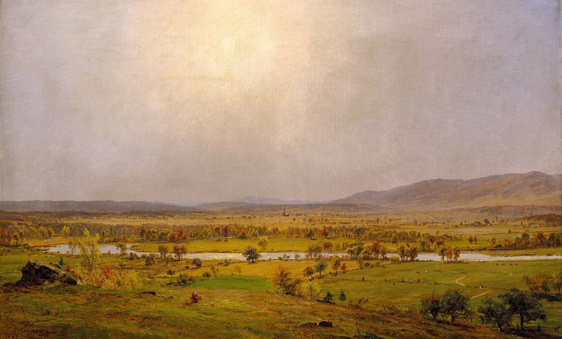 Paisagem com um lago sereno ao pôr do sol, óleo sobre tela de Jasper Francis Cropsey