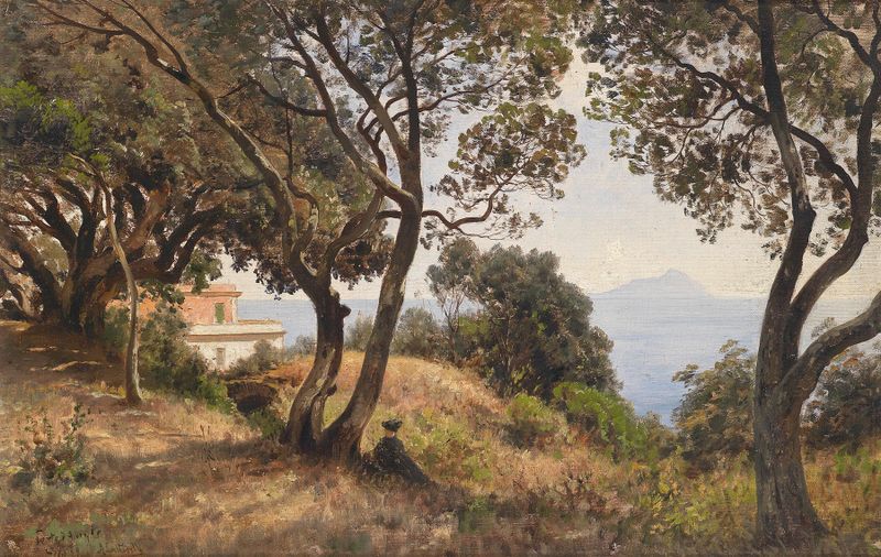 Landscape featuring hills and soft skies, oil painting by Ascan Lutteroth