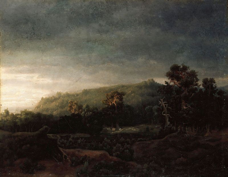 A Forest by Lars Hertervig, oil on canvas depicting a lush forest with dappled sunlight and shadows.