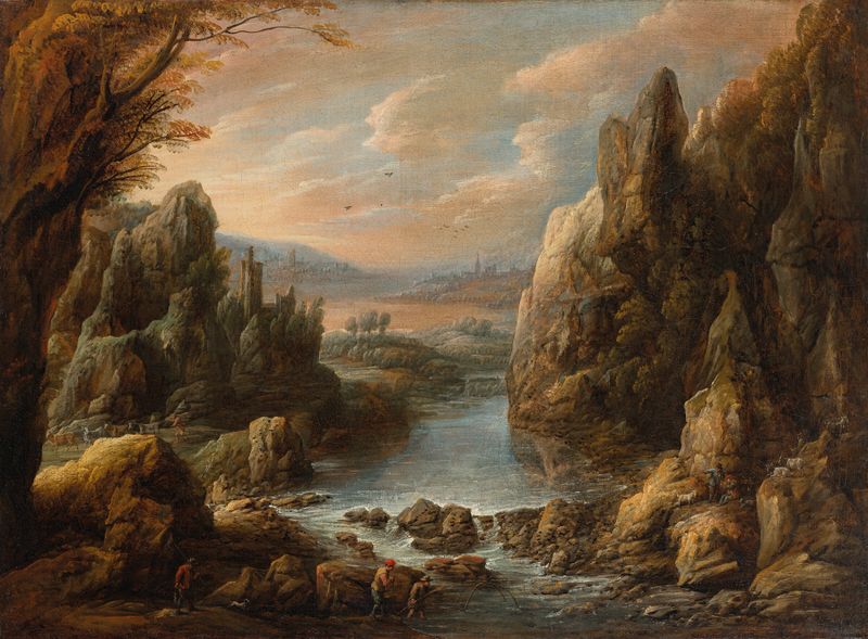 Landscape with shepherds in a pastoral scene by Jan Van Bunnik, oil painting