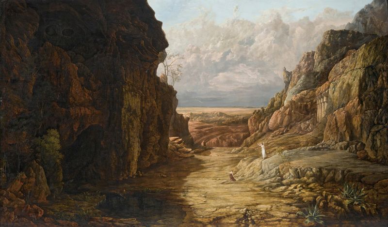 Hagar E Ismael Em Uma Paisagem Rocosa Distante de Francis Gold, pintura a óleo