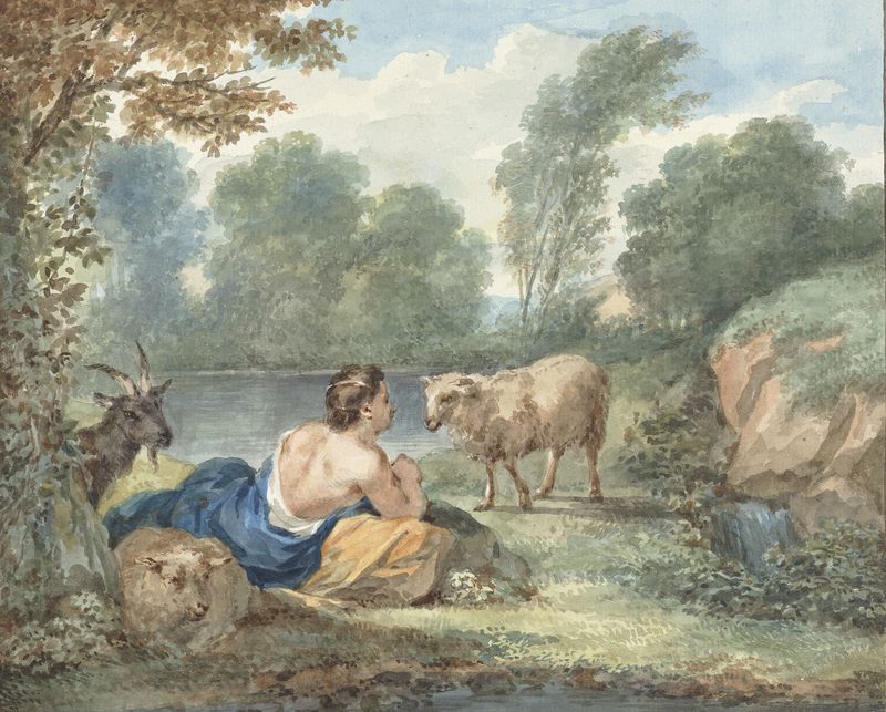 Herderin met schapen in een landschap met een meertje, oil on canvas by Aert Schouman