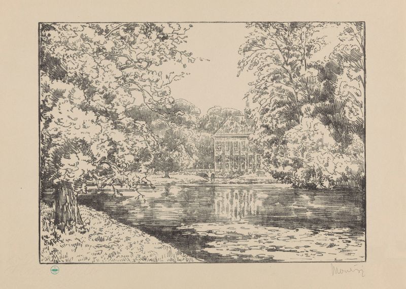 Kasteel Duivenvoorde aan vijver Duivenvoorde II by Simon Moulijn, oil painting depicting a castle by a pond.