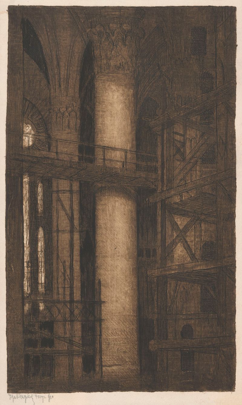 Interior da igreja com bancos de madeira e vitrais, óleo sobre tela de Feliks Jabłczyński