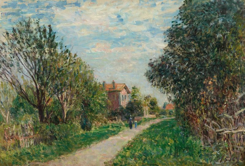 Femme et enfant sur le chemin des près, Sèvres de Alfred Sisley, pintura a óleo que retrata uma mulher e uma criança em um...
