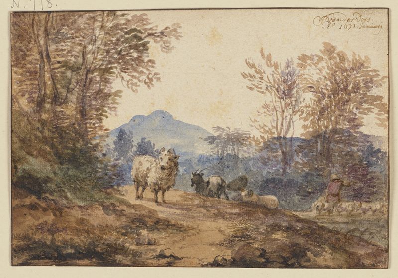 Landschaft mit Schafen und Ziegen by Jacob van der Does, oil on canvas depicting sheep and goats in a landscape.