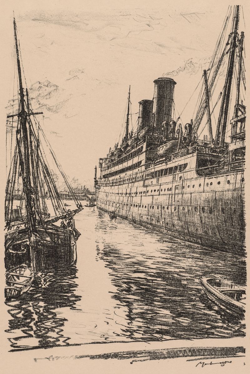 Ink on paper by Muirhead Bone depicting the Tuscania in a harbor