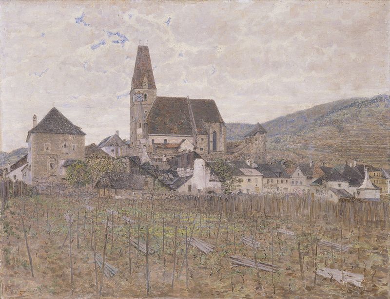 Paisaje de Post-Impresionismo de Ludwig Sigmundt, que representa Weissenkirchen con colinas onduladas y casas coloridas.