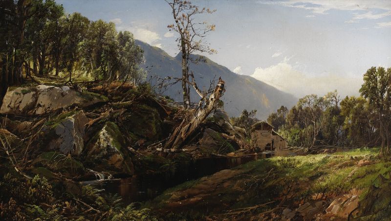 The Old Mill by William Louis Sonntag, oil painting depicting a weathered mill surrounded by greenery.