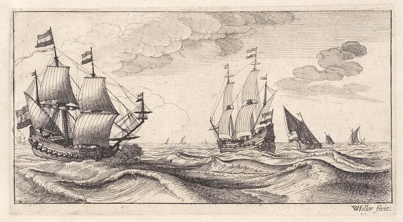 Dos buques de guerra con velas alzadas, grabado de Wenceslaus Hollar