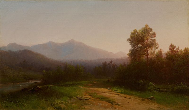 Hudson River Landscape by Homer Dodge Martin, oil on canvas depicting a serene river and sky.