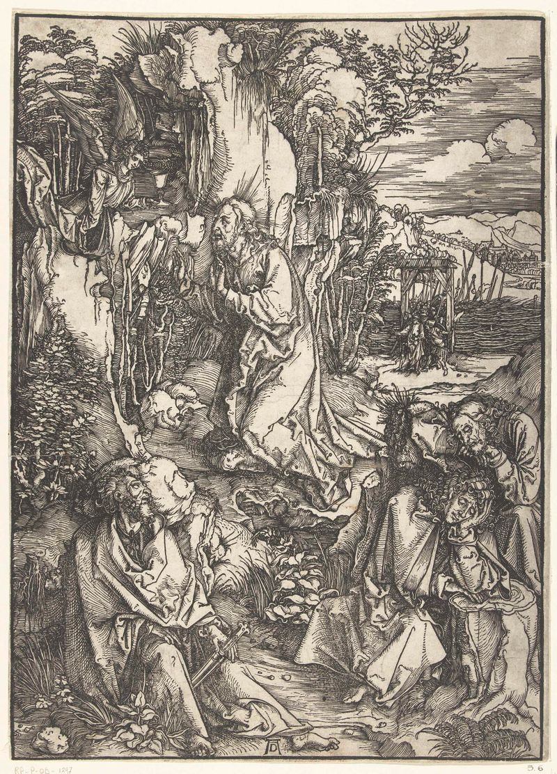 Cristo ajoelhado sob oliveiras em contemplação, gravura de Albrecht Dürer