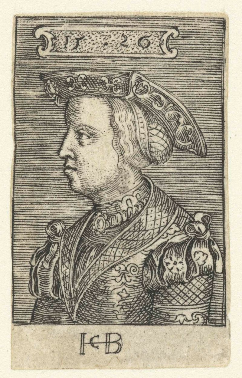 Engraving by Jacob Binck depicting Claudia van Valois in elegant dress.