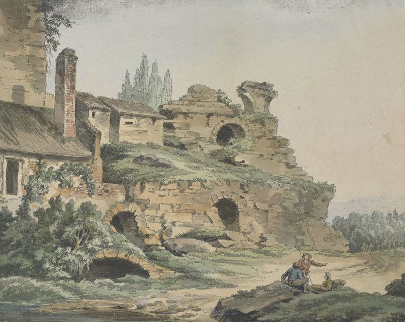 Amphitheatre de Johann Gottlieb Hackert, óleo sobre tela, apresenta colunas elegantes e vegetação exuberante.