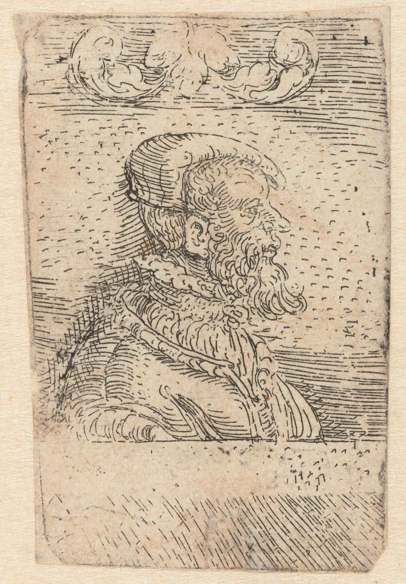 Etching by Nicolaas Hogenberg depicting a man with a piercing gaze and intricate attire.